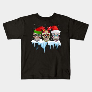 Christmas Three Mexican Flower Sugar Skull In Snow Xmas Kids T-Shirt